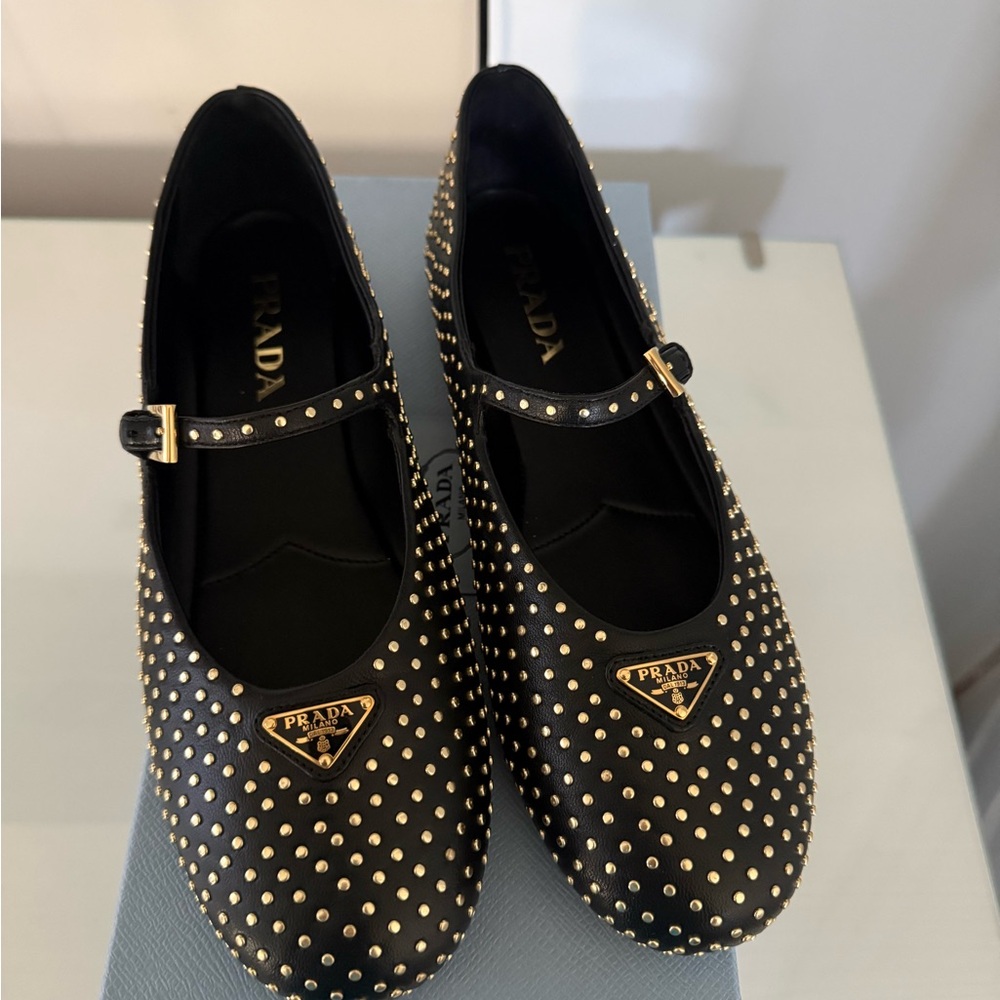 Prada Black Studded Mary Jane Flats with Gold Accents - Picture 5 of 6